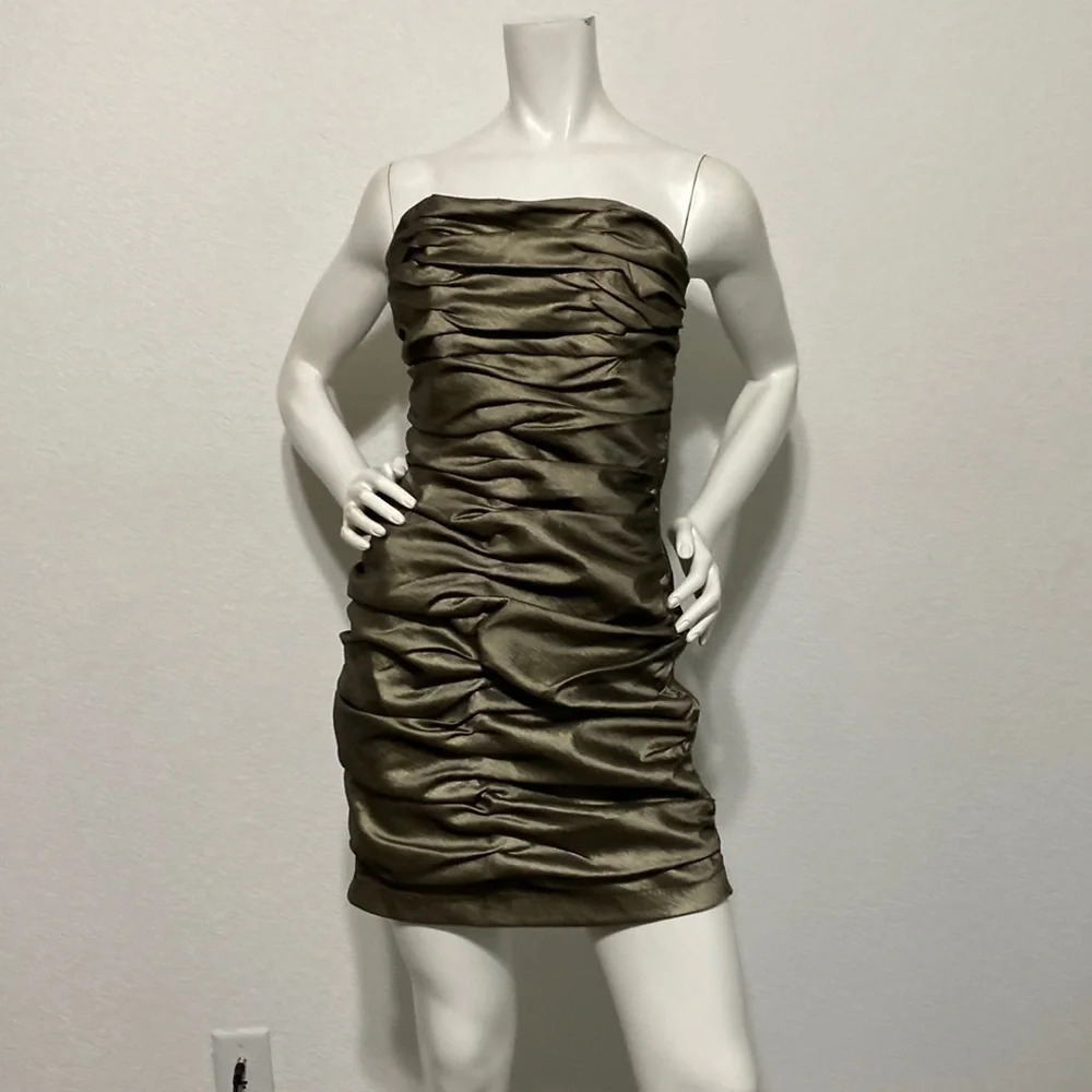 Jessica McClintock Gold Ruched Strapless Mini Dress Size 12